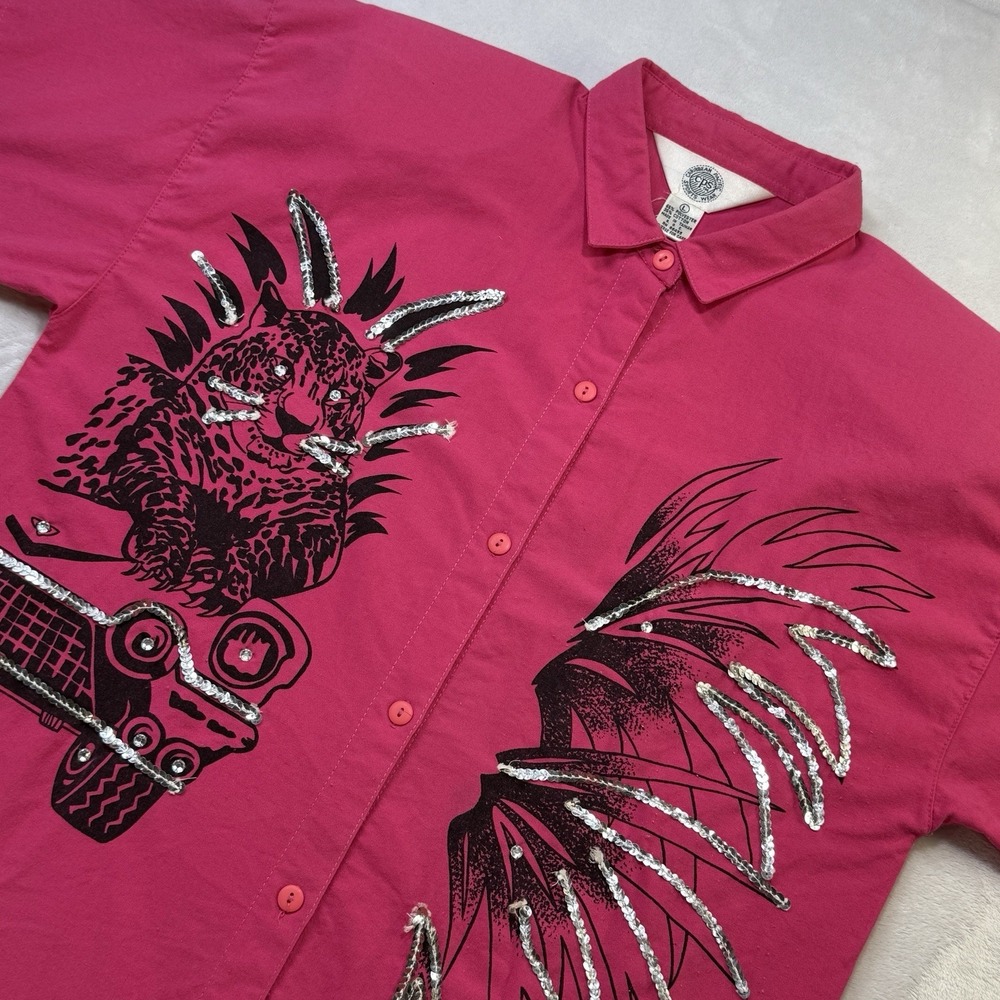 Vintage 80s CPS Hot Pink Sequin Tiger Button Up Shirt Women's Large Shoulder Pad